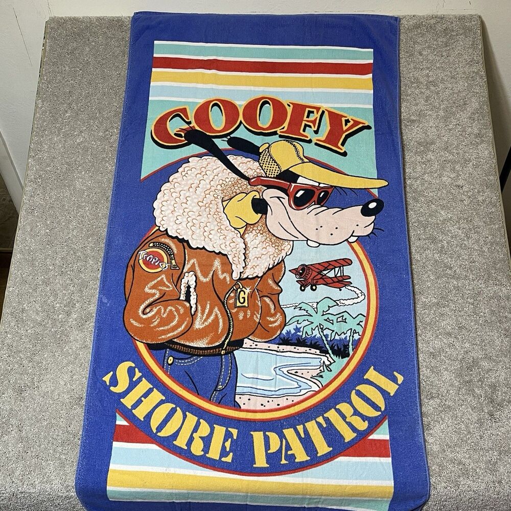 Vintage Franco Walt Disney Goofy Cotton Beach Towel 59x27” 1980s Shore Patrol - Picture 2 of 11